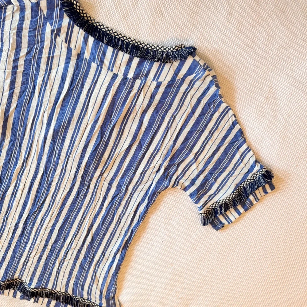 VELZERA Boho Blue & White Striped Mini Dress w Fringe Trim or Swim Coverup
